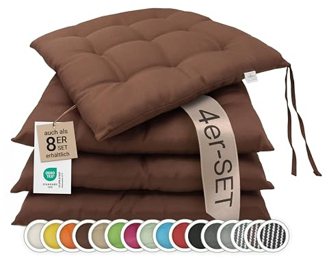 ZOLLNER 4er Set Sitzkissen in 40x40cm - gemütliche Stuhlkissen mit Bindebänder - waschbar bis 30°C - in braun - Oeko Tex® Zertifiziert