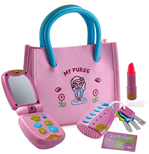 Dress Up America Princess Set for Girls with Handbag, Flip Phone, Light Up Remote with Keys, Play Lipstick & Kids Credit Card - Cute Hand Bags Pretend Play Toys - Make Up Accessories