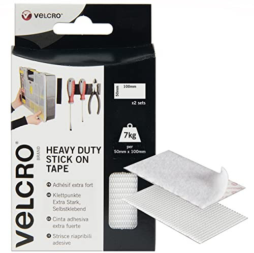 VELCRO Strisce adesive bianche resistenti di marca, 50 mm x 100 mm, nastro autoadesivo con gancio, strisce biadesive industriali extra resistenti, perfette per casa, ufficio e garage, 1 confezione (2 set)