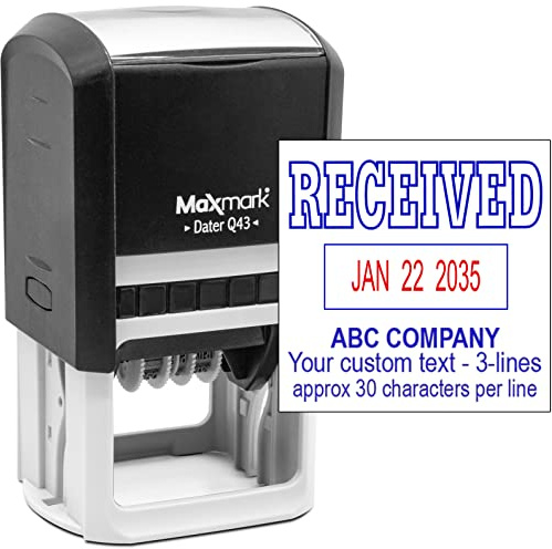 MaxMark Q43 (Large Size) Date Stamp with Received and Custom Text, Self Inking Stamp - 2 Color Blue/Red Ink
