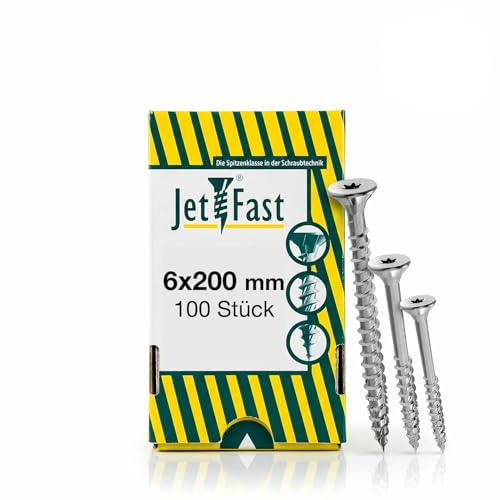 Jet-Fast Premium Vis universelles 6,0 x 200 mm, 100 pièces, tête fraisée Duo, filetage partiel TX, bleu galvanisé, vis à bois, vis pour panneaux d'aggloméré, pointe Cut