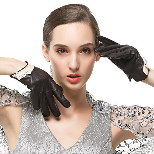 Nappaglo Damen Lammfell Leder Handschuhe Touchscreen Winter WarmHandschuhe mit DekorativenBownots (XL (Umfang der Handfläche:20.3-21.6cm), Dunkelbraun(Touchscreen))