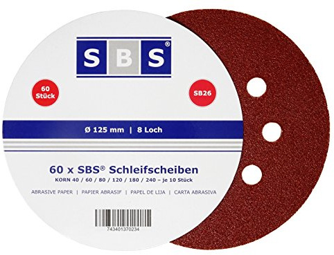 SBS Lot de 120 disques abrasifs - Diamètre : 125 mm - Grain : 20 x 40/60/80/120/180/240 - Pour ponceuse excentrique à 8 trous.