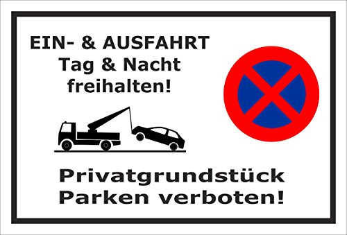 Melis-Folienwerkstatt Parken verboten Schild – Abschleppschild - EIN- und Ausfahrt Tag und Nacht freihalten – 30x20 cm – 3mm Aluverbund – Mit Bohrlöchern