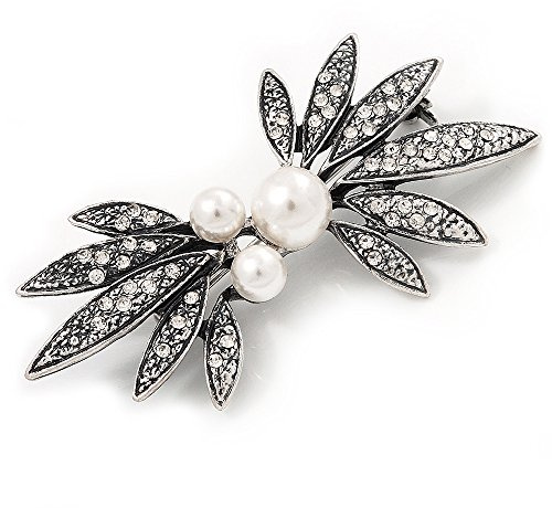Spilla floreale in argento bruciato con perle finte e strass, lunghezza 7 cm, Misura unica, Perla, perle finte Diamante