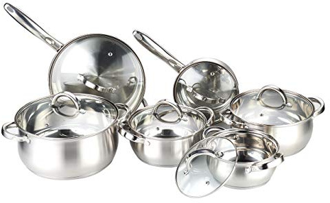 Heim Concept - Set di pentole e padelle in acciaio INOX, 12 pezzi, con coperchio in vetro