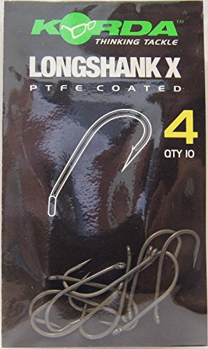 Korda Long Shank X Karpfenhaken, extrem scharf und stark mit nach innen gedrehter Öse, für zuverlässigen Halt in schwierigen Gewässern, Größe 4, 10 Stück