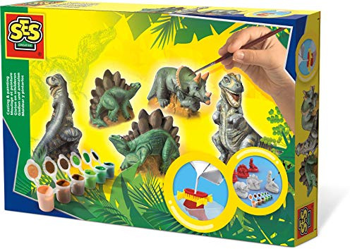 SES Creative | Kit Moulage et Peinture Dinosaures | Crée et Peins Tes Propres Figurines 3D | Moules Réutilisables | Plâtre Séchage Rapide | Peinture Lavable | Activité Créative Enfant dès 5 Ans
