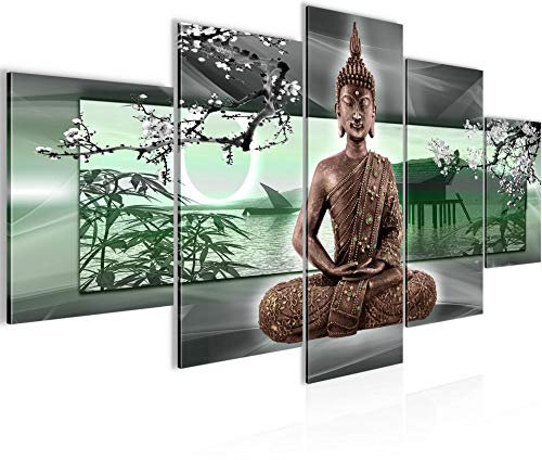Runa Art Cuadros Buda Feng Shui 5 Piezas Lienzo no Tejido Decoracion Sala Flor De Cerezo Verde Gris 503252b