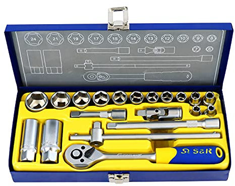 S&R Steckschlüsselsatz CHROM-VANADIUM 20-tlg, 3/8 Lock-Drive Profil, Metallbox, Stecknüsse für verrostete oder festsitzende Schrauben, Ratschenkasten Knarrenkasten Ratschenkoffer Steck-Nuss Satz