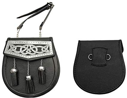 SZCO Medieval Sporran 8 Inch - Plated Celtic Design Leather Pouch with 3 Tassels - Scottish Kilt Sporran with Chain Belt for Men - Medieval Bag for Costume & Renaissance Accessories