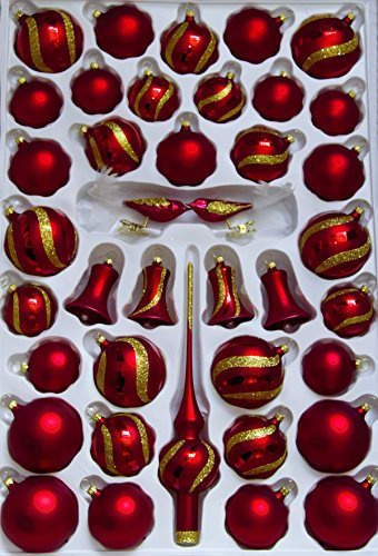 Lauschaer Glas Christbaumschmuck Sortiment mit klingenden Glocken dunkelrot matt mit Dekor 39 Teile Christbaumschmuck Weihnachtsschmuck mundgeblasen,handdekoriert