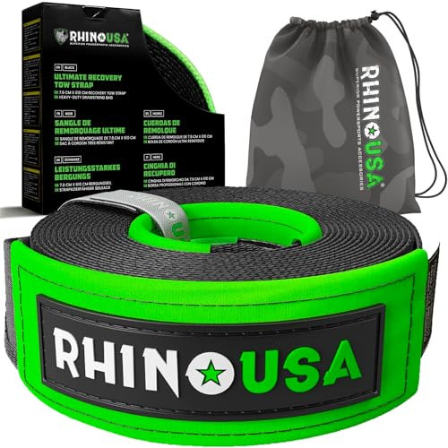 Rhino USA Recovery Tow Strap (7.6 cm x 6.1 m) - 13,600 kg Break Strength - Emergency Recovery Strap Tow Rope for Truck, UTV, ATV & More - Heavy Duty Towing Strap for Offroad 4X4 Use - Black