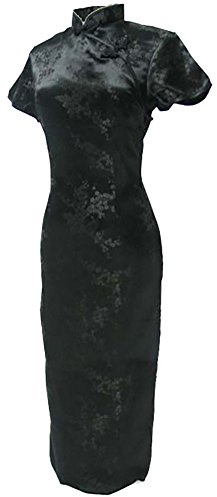 7Fairy Women's VTG Black Floral Long Chinese Party Dress Cheongsam Size 10 US