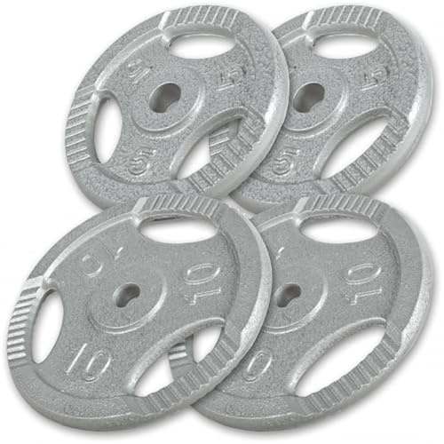 GORILLA SPORTS® Viktskivor - Enkel/Set, 0,5 kg, 1,25 kg, 2 kg, 2,5 kg, 5 kg, 10 kg, 15 kg, 20 kg, 27,5 kg, 30 kg vikter, Tri-Grip, 30 mm, Gjutjärn, Silver/Svart - Viktskivor, hantlar set