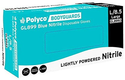 Polyco GL8995 Bodyguards Nitrile Lightly Powdered Disposable Glove, Size XL, Blue