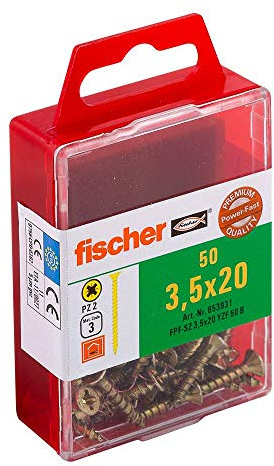 fischer Power-Fast FPF-SZ 5,0 x 25 YZF 20 B - Spanplattenschrauben mit Senkkopf und Vollgewinde zur Befestigung von dünnen Bauteilen in Holzwerkstoffen - 20 Stück - Art.-Nr. 653964