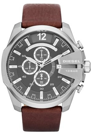 Diesel Herrenuhr Mega Chief, Chronographenwerk, 59mm Silber / Stahl Edelstahlgehäuse mit einem Lederarmband, DZ4290