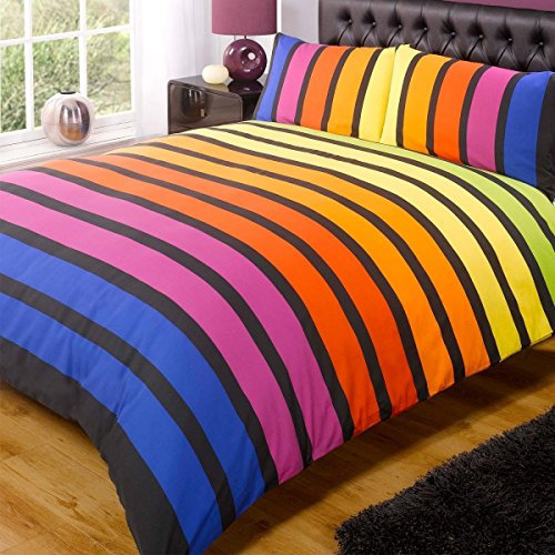 Rapport SoHo Multi Stripe Duvet Cover Quilt Bedding Set, Blue Purple Orange Yellow Green, Double Size - Bedroom Bed Linen