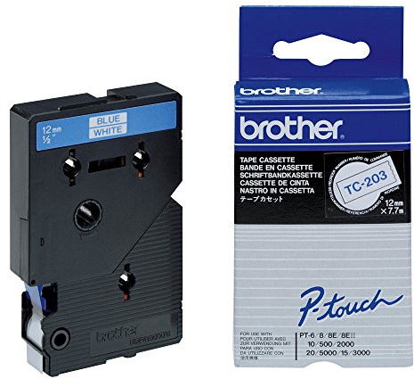 Brother TC203 Schriftbandkassette 7.7 m x 12 mm weiß/blau für P-touch 8e 500 II 2000 3000 5000