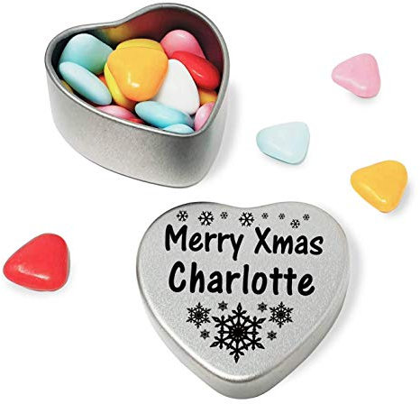 Gift In Can Merry Xmas Charlotte Heart Shaped Mini Tin Gift filled with mini coloured chocolates perfect christmas card alternative for Charlotte Fun Festive Snowflakes Design