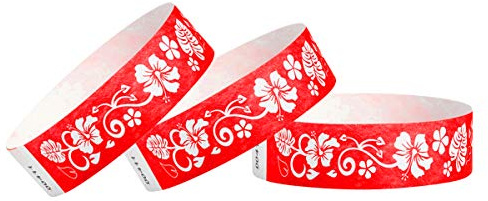 500 WristCo Red Hawaiian Flower Tyvek Wristbands for Events - Comfortable Tear Resistant Paper Bracelets ID Wrist Bands for Concerts Festivals Admission Party Identification