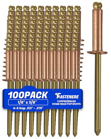 Fastenere Copper Pop Rivets - 1/8 x 3/8 (100 Pack) Copper Body Brass Mandrel, Heavy Duty, Open-End, Dome-Head Blind Rivets, Corrosion-Resistant & High Shear Strength, 4-4 Gap .188 - .250