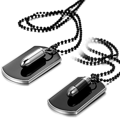 JewelryWe Schmuck Herren Halskette mit Gravur, Gewehrkugel Geschoss Militärischen Erkennungsmarken Armee Stil Dog Tag Anhänger mit 70cm Kette, Schwarz Silber