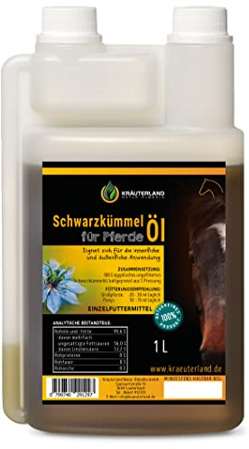 Kräuterland Schwarzkümmelöl für Pferde & Hunde 1Liter in Dosierflasche | Kaltgepresst & 100 % reines Naturöl, reich an mehrfach ungesättigte Fettsäuren, ätherische Öle, Vitamine & Spurenelemente