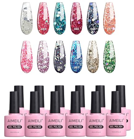 AIMEILI UV LED Glitzer Gellack mehrfarbig ablösbarer Gel Nagellack Gel Polish Set - 12 x 10ml - Kit Nummer 7