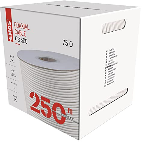 EMOS Cavo antenna 250 m, bianco, cavo coassiale per SAT, TV e CCTV, tipo CB500, cavo TV a doppia schermatura, cavo satellitare con schermatura 75 dB, resistenza 75 Ohm