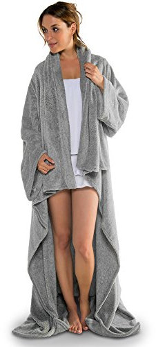 CelinaTex Decke mit Ärmeln und Fußtasche Flauschige Kuscheldecke XXL 170 x 200 cm grau weiß Mikrofaser Fleece Oeko-TEX Calgary