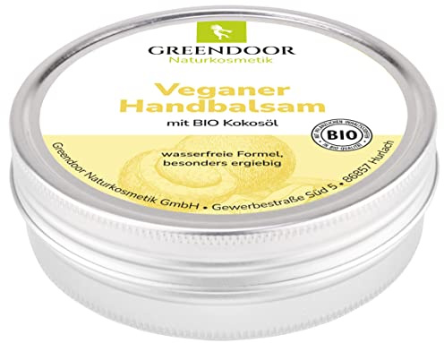 GREENDOOR veganer Handbalsam mit BIO Kokosöl 75ml, Handcreme natürlich ohne Parabene Palmöl Mineralöl Tierversuche, Natur-Produkt, Hand Balsam Creme trockene Haut