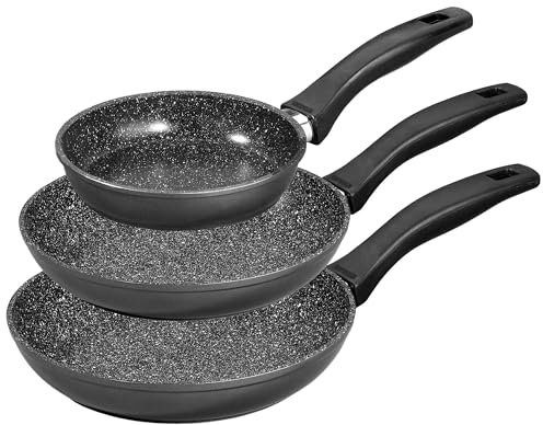 STONELINE Pfannenset 3 teilig, 16/20/24 cm, Antihaft beschichtete Pfanne mit echten Steinpartikeln, Pfanne Induktion und backofengeeignet, grau, zum Öl und Fett freiem Braten