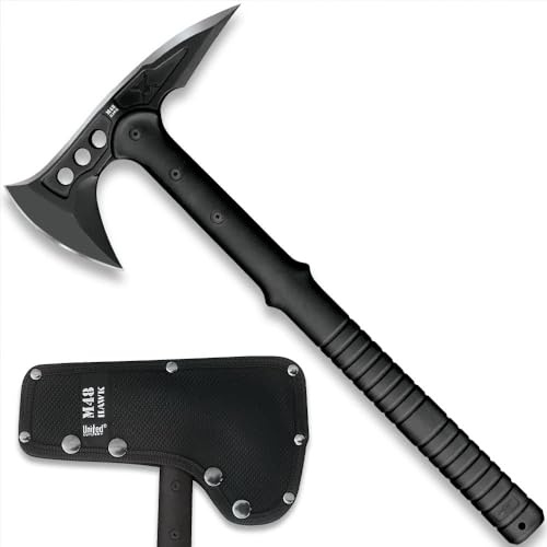 M48 Tactical Tomahawk Military Axe - Black Color | 3 ⅞” Cast Stainless Steel Combat Axe with Piercing Spike | Nylon Cord Wrapped Fiberglass Handle | Camping and Tactical Gear | 15” Length