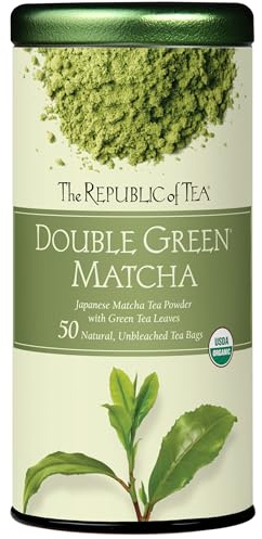 The Republic of Tea Organic Double Green Matcha, Individual Tea Bags with Japanese Matcha Tea Powder and Green Tea Leaves Blend, Natural Unbleached Bags in Reusable Tin Canister, 50 Tea Bags