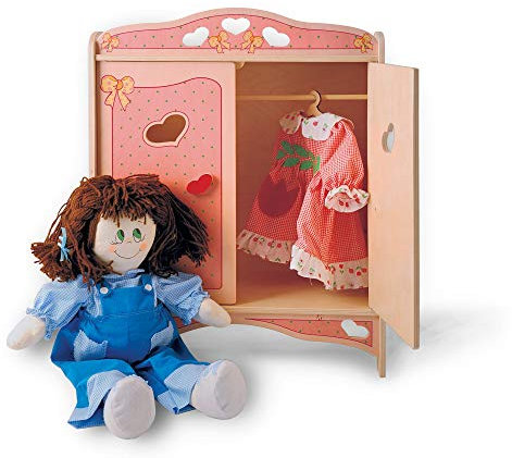 Dida - Puppenschrank Aus Holz Mit Garderobenstange Und 4 Kleiderbügeln Für Puppen Bis 50 cm Höhe - Dekoration: Rosa. Optimal Für Die Puppenecken Im Kindergarten Und In Der Kinderkrippe