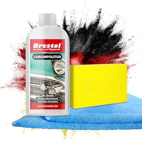 Brestol® Lucidante Cromato da 250 ml – detergente Cromato e Cura del Cromo, Lucido per superfici cromate, Cura Le Zone in Arrivo – Rimuove corrosione, depositi e impurità – 1 Spugna e 1 Panno per