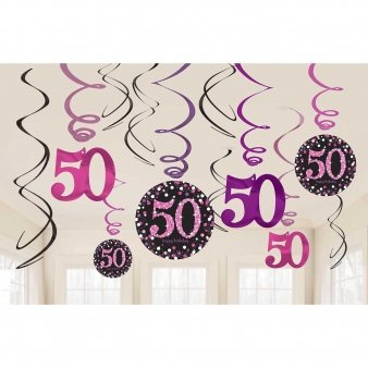 Dekoration zum 50.Geburtstag Swirl-Set 12 Stück Folienspiralen zum Aufhängen pink rosa glitter