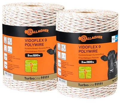 2x 200 m Gallagher Weidezaunlitze Vidoflex 9 TurboLine (weiß) - Elektrozaun Litze - Geeignet für Rinder, Schafe, Rehe & Hirsche, Schweine, Wildschweine, Ziegen - UV-stabil und verdrehsicher -