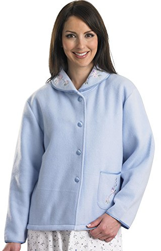 Slenderella Ladies Soft Polar Fleece Button Up Bed Jacket Floral Embroidered Detail House Coat