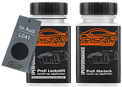 TRISTARcolor Autolack Lackstift für Audi L041 Schwarz/Brillantschwarz +1K | Set aus Basislack + Klarlack, Lackfläschchen mit Pinsel, je 50ml
