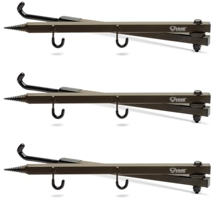 HME Durable Secure Convenient Portable Folding Tree Stand Bow Hanger w/Two Accessory Hooks - Extends to 20, Folds to 10, 3 Pack
