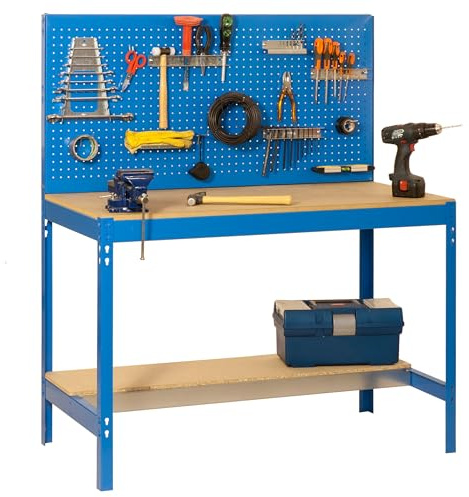 SimonRack Werkbank 600 kg Belastbarkeit, 144,5x151x61 cm, Große Arbeitsfläche Arbeitsfläche, Arbeitstisch, Holz-Arbeitsplatte, Blau/Holz - BT2