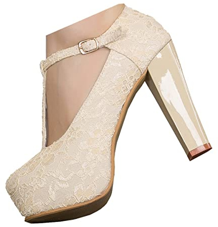 getmorebeauty Mary Janes Dressy High Heels for Womens Ladies Closed Toe Chunky Block Platform Pumps for Evening Party Prom Lace Bridal Wedding Dress Shoes for Bride with T Strap (US 7.5, Ivory)