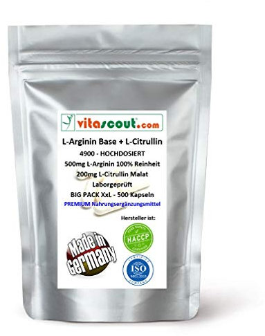 L-Arginin Base + L-Citrullin 6300 – 500 Kapseln VEGAN, Pflanzliches Arginin in Base-Form, 100% Reinheit – LABOGEPRÜFT, Optimales Mischungsverhältnis, Ohne Magnesiumstearat