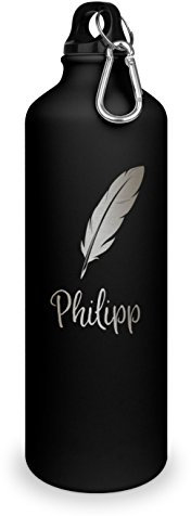 Trinkflasche mit Namen Philipp - graviert mit Feder Layout, Aluminiumflasche mit Gravur, Sportflasche - matt schwarz