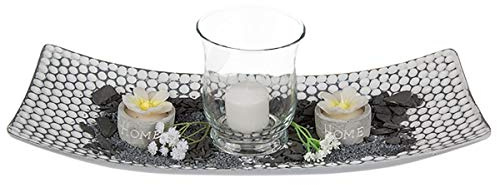 White/grey wooden plate, ca. 38 x 16 cm, windlight ca. 11 x 9 cm with candle, 2 flower tealights, decostones, deco sand & 2 white deco flowers, in giftbox