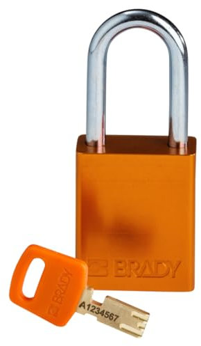 Brady SafeKey - Lucchetto in alluminio con chiave, serratura di sicurezza per interni ed esterni, altezza grillo: 38,10 mm, chiave diversa, arancione