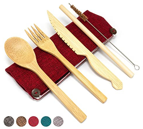 Jungle Culture® Bambus Besteck Set • Besteck Holz, Messer Gabel, Löffel, Strohhalm, Bürste, Jutebeutel in Rot • Umweltfreundliches Besteckset • Reisebesteck für Unterwegs • Plastikfreie Holzutensilien